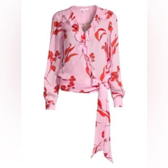 Parker Pink Red Floral Print Silk Blend Pasha Ruffle Wrap Blouse - Picture 2 of 16